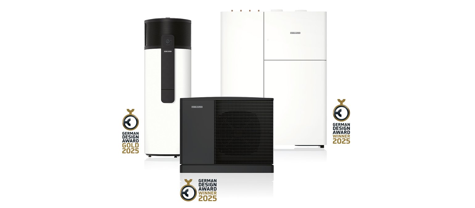 Εικόνα των τριών προϊόντων STIEBEL ELTRON – SHP‑I Plus, HPA‑O και LWZ Premium– που διακρίθηκαν στα German Design Awards 2025