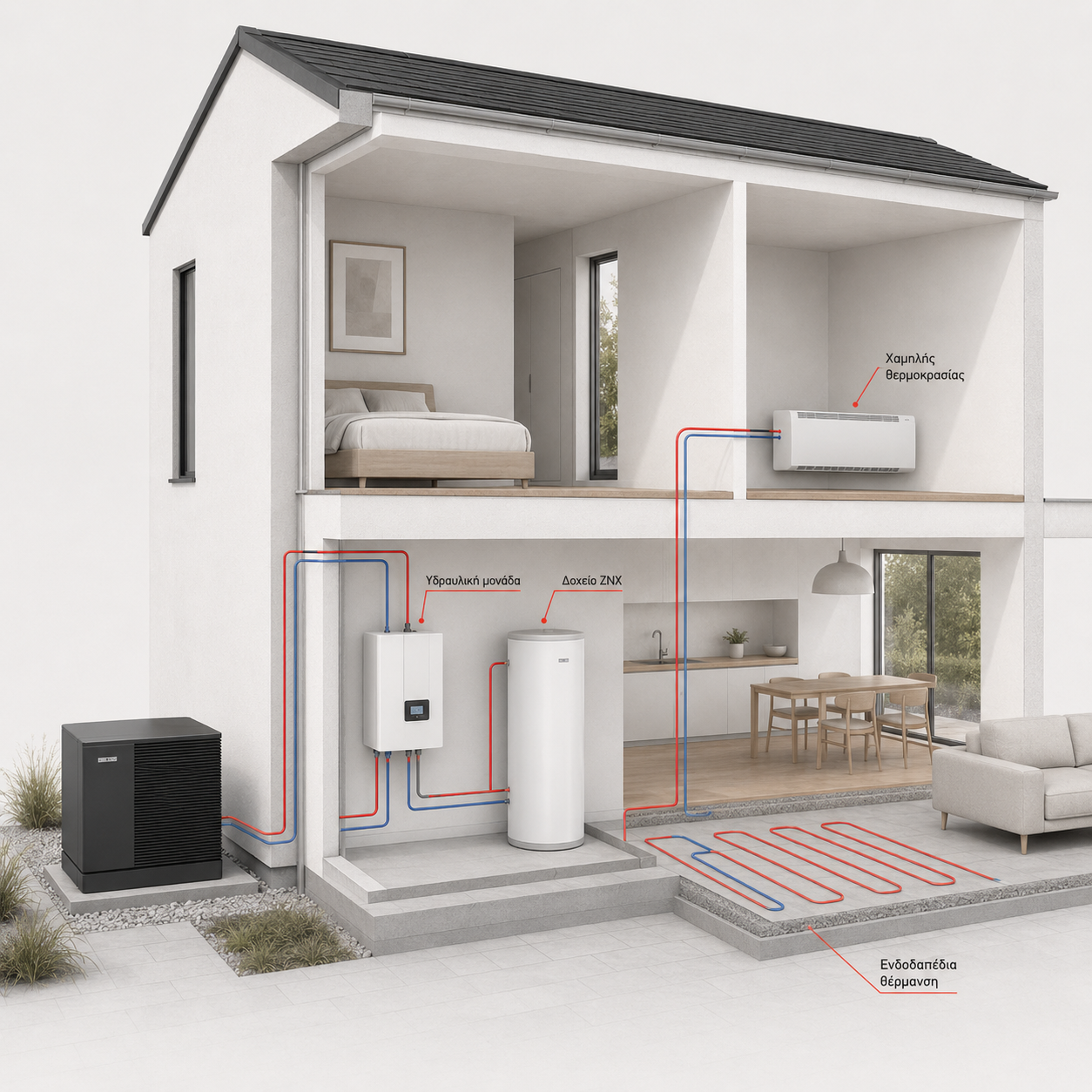 Σύστημα αντλίας θερμότητας HPnext σε κατοικία | STIEBEL ELTRON Διάγραμμα συστήματος αντλίας θερμότητας STIEBEL ELTRON HPnext σε κατοικία με ενδοδαπέδια θέρμανση, fan coils και σώματα