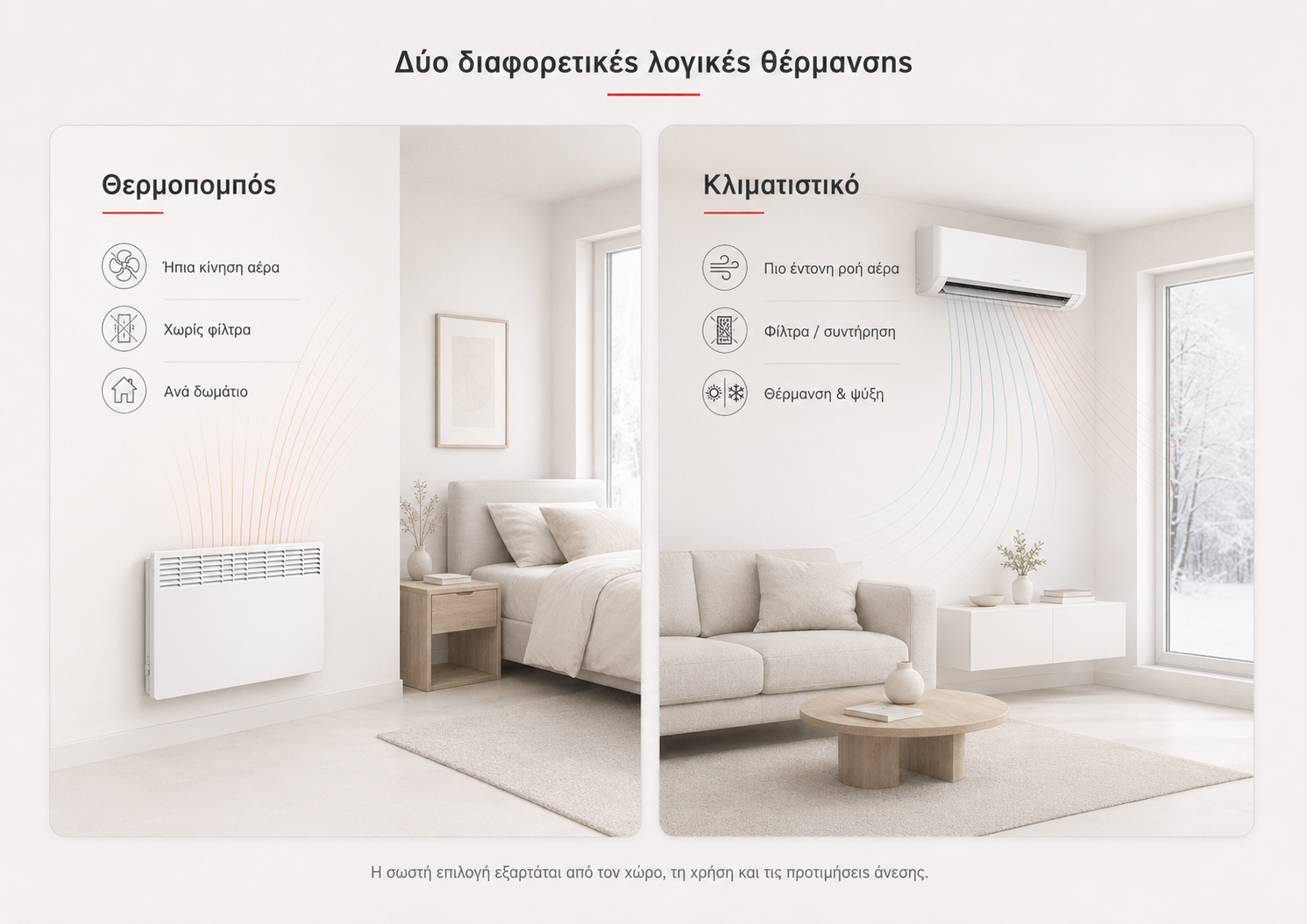 Θερμοπομπός ή inverter κλιματιστικό; Σύγκριση τρόπου θέρμανσης | Heatovent Σύγκριση θέρμανσης με θερμοπομπό φυσικής συναγωγής και inverter κλιματιστικό με εξαναγκασμένη ροή αέρα